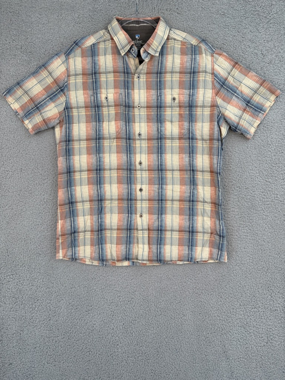 Kuhl Men’s Large Short Sleeve Plaid Button Up Shirt Blue & Tan Outdoors Hiking